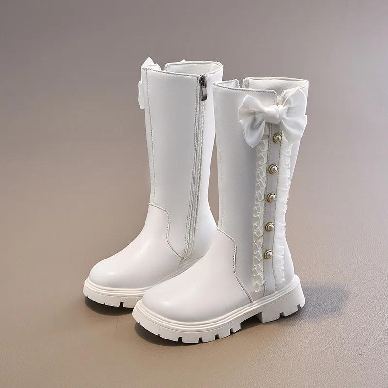 2024 Children High Boots for Girls Autumn New Chic Beading Sweet Bowtie Anti-slippery Elegant Lace Anti-slippery Leather Shoes