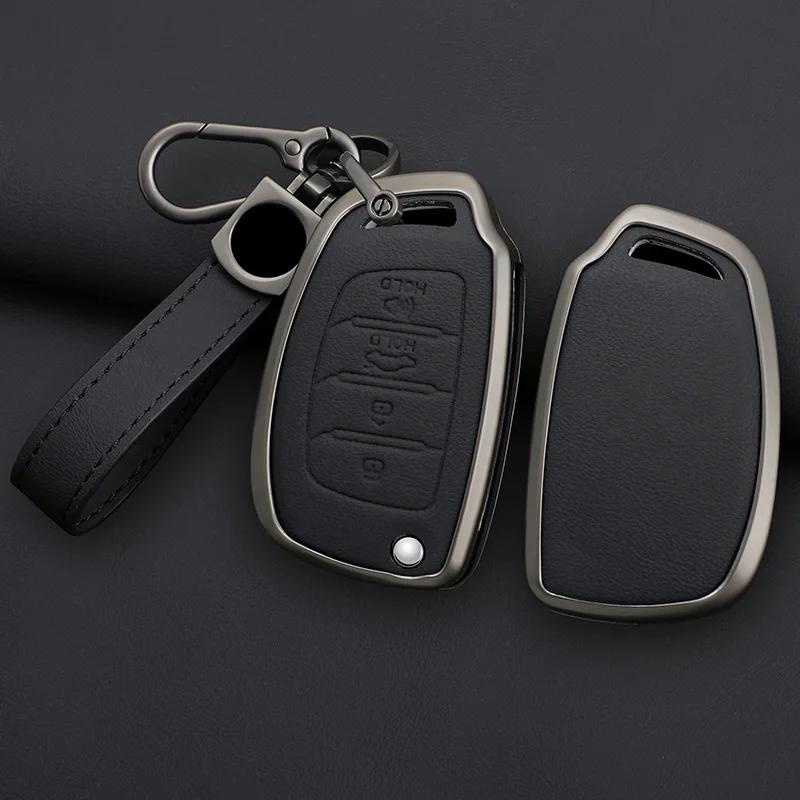 Zinc Alloy+Pu Leather Car Key Case For Hyundai Sonata Santa Fe Tucson Elantra Ix35 Ix45 Flip Remote Key Full Cover Holder Shell