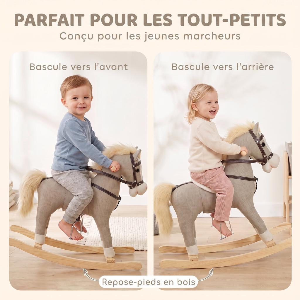 Children's Rocking Horse, Linen-Effect Fabric, Sound Effects, Safety Handles, Grey