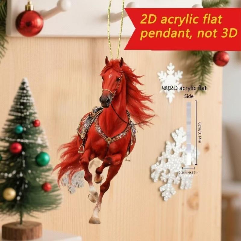 Exquisite 2D Acrylic Horse Car Rearview Mirror Pendant Backpack Charm Christmas Tree Ornament Party New Year Hanging Decoration