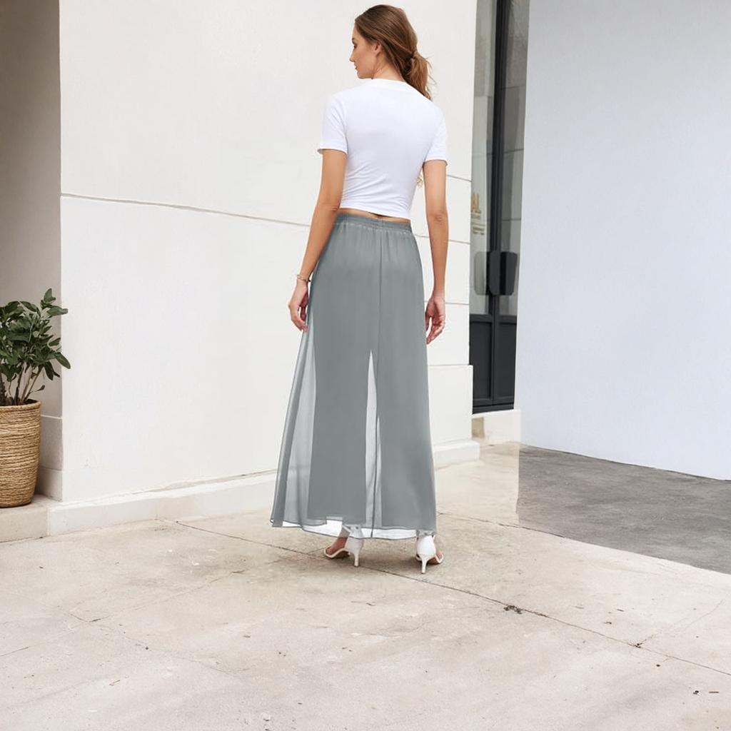 Women's Wide Leg Dress Pant Elegant Party Elastic Waist Trouser With Pockets