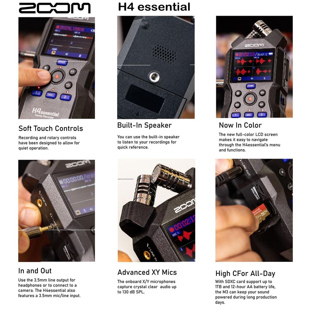 Zoom H4n Essential Handheld Recorder Bundle with Accessory Pack 32GB MicroSD Card 2 XLR Cables 4 AA Batteries and Charger