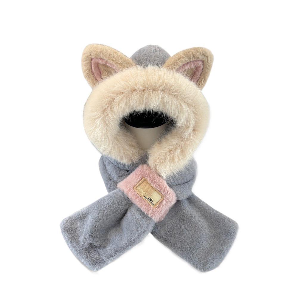 Windproof Hat Scarf Keep Warm Winter Plush Scarf Fox Ears Hooded Scarf for Women Autumn Winter