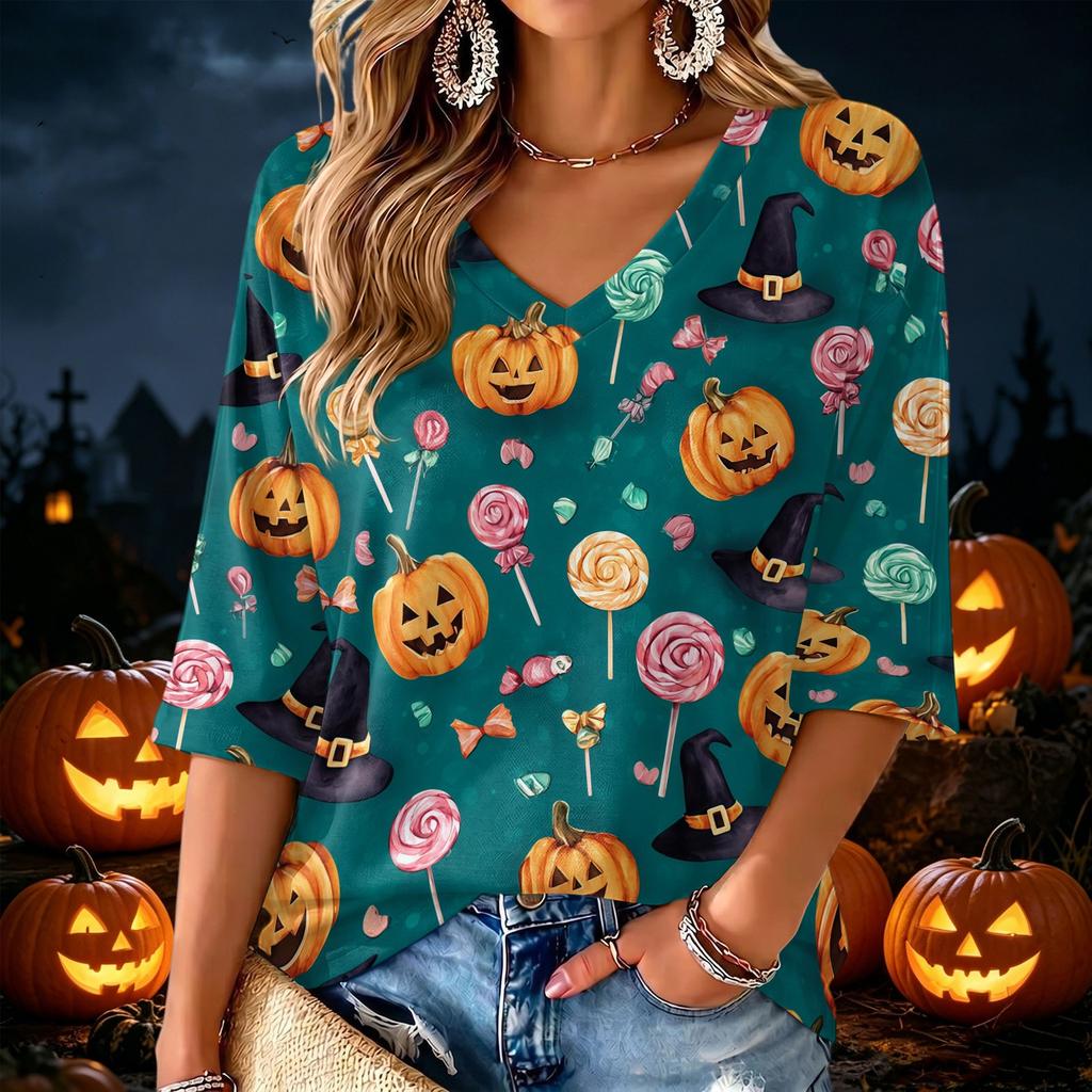 Women's V-Neck Halloween Print Lightweight Blouse for Spring and Summer