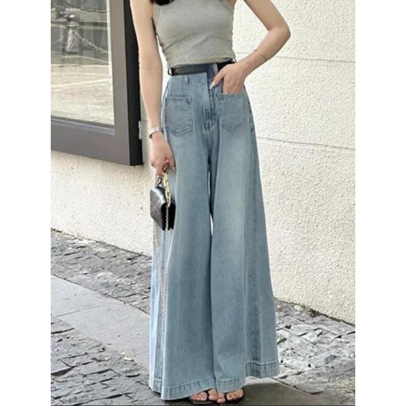 

Светло-голубые повседневные широкие джинсы, женские летние новые корейские брюки с высокой талией, свободные брюки для похудения, драпировка, прямые длинные брюки XL светло-синий