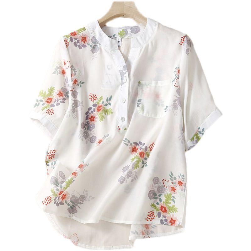 Cămăși și bluze de vară cu mânecă scurtă, largi, din ramie, casual, versatile, artistice, imprimate din bumbac și in