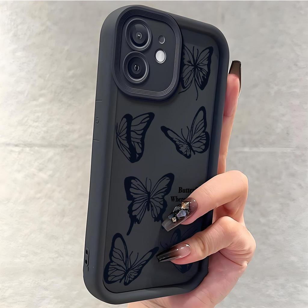 Black Butterfly Diamond Sand iPhone 15/16/17 Case with Eye Pattern Protection