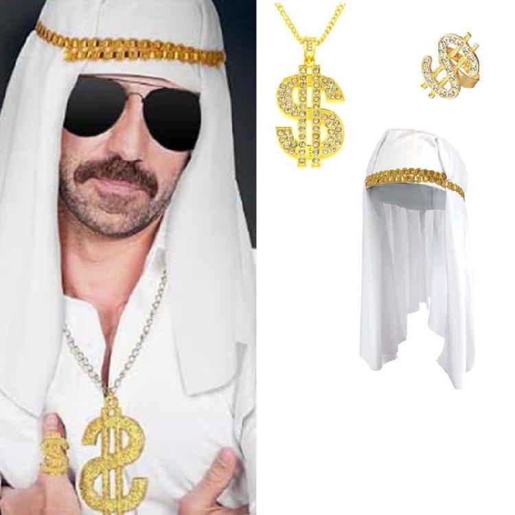 4Pcs Arab Head Scarf Sunglass Dollar Neckalce Dollar Rings Set Arabian Costume Accessories for Halloween Carnival Party