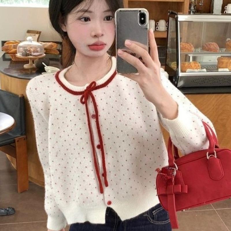Ladies' Love Jacquard Cardigan Women's Round Neck Bow Tied Long Sleeved Knitted Sweater Autumn New Version Casual Style Top
