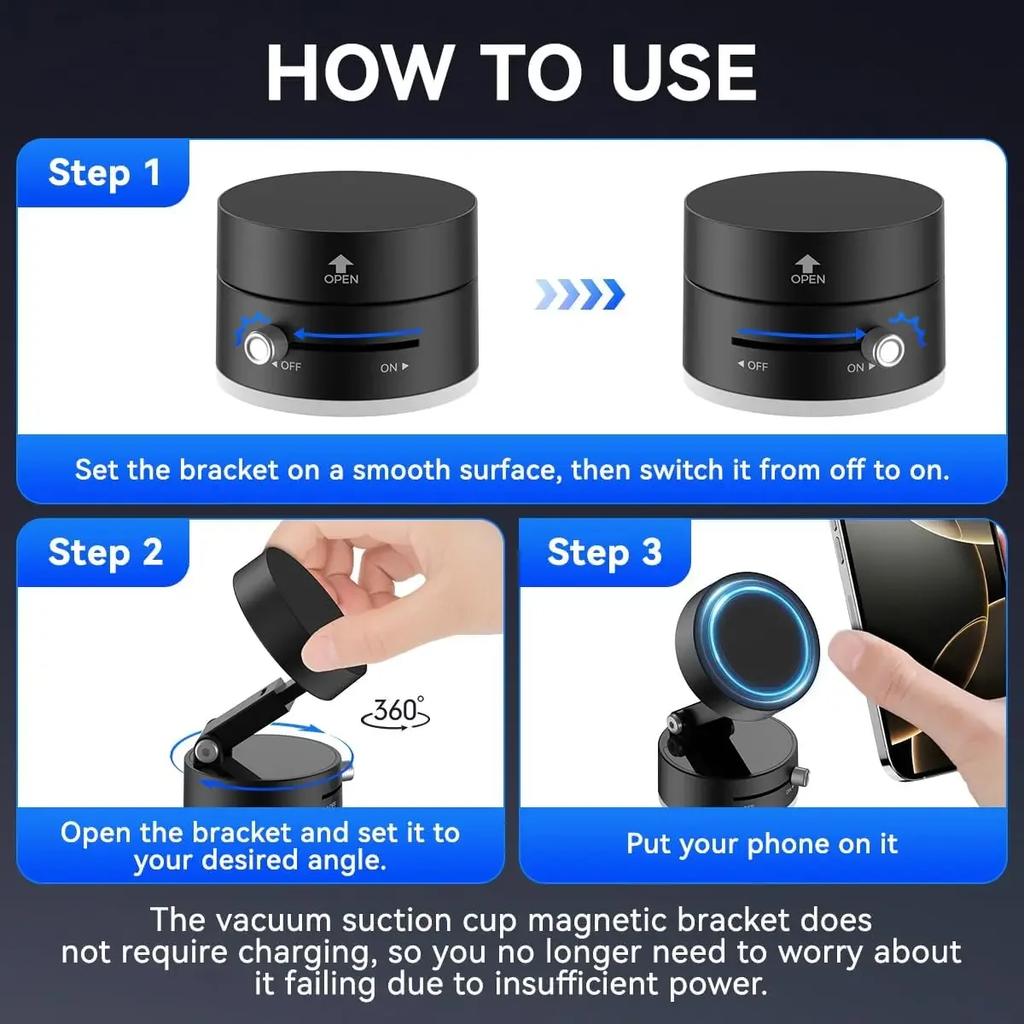 Opgraderet 360° Magnetisk Telefonholder med Vakuum, Magnetisk Bilholder til Telefon, Håndfri Sugekop Telefonholder til Bil/Træningscenter/Spejl