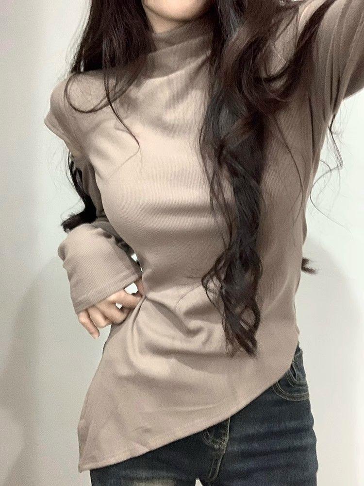 Women's Off-Shoulder Slim Fit Brushed Turtleneck Long Sleeve Top for Autumn/Winter