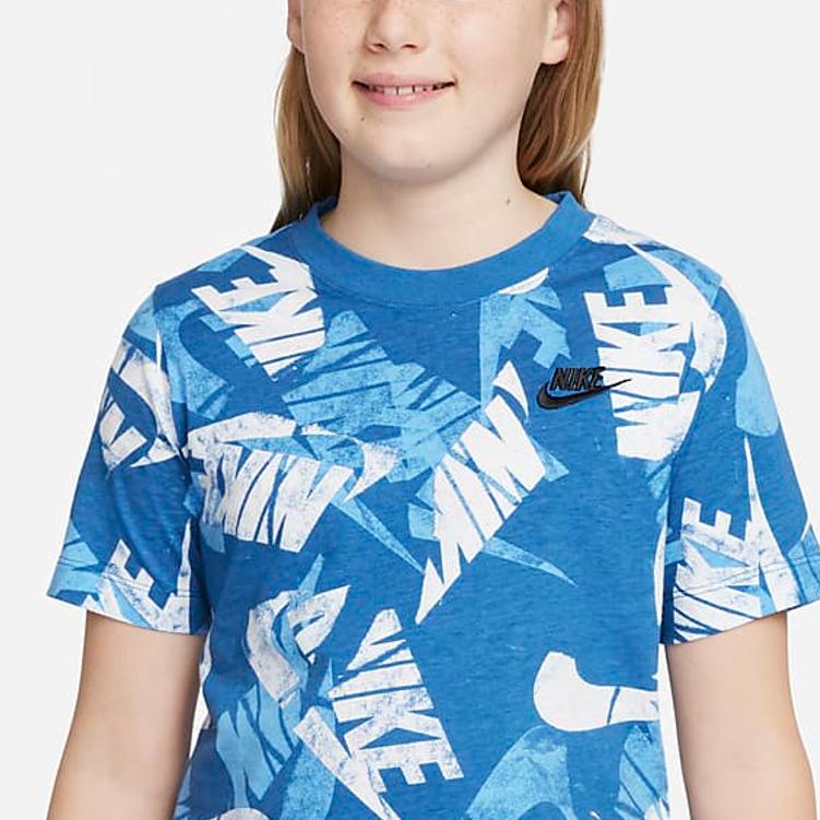 Nike Sportswear Letter Logo Pattern All Over Print Crew Neck Short Sleeve T-Shirt Kids Tops Dark-Beach-Blue DO1816-407