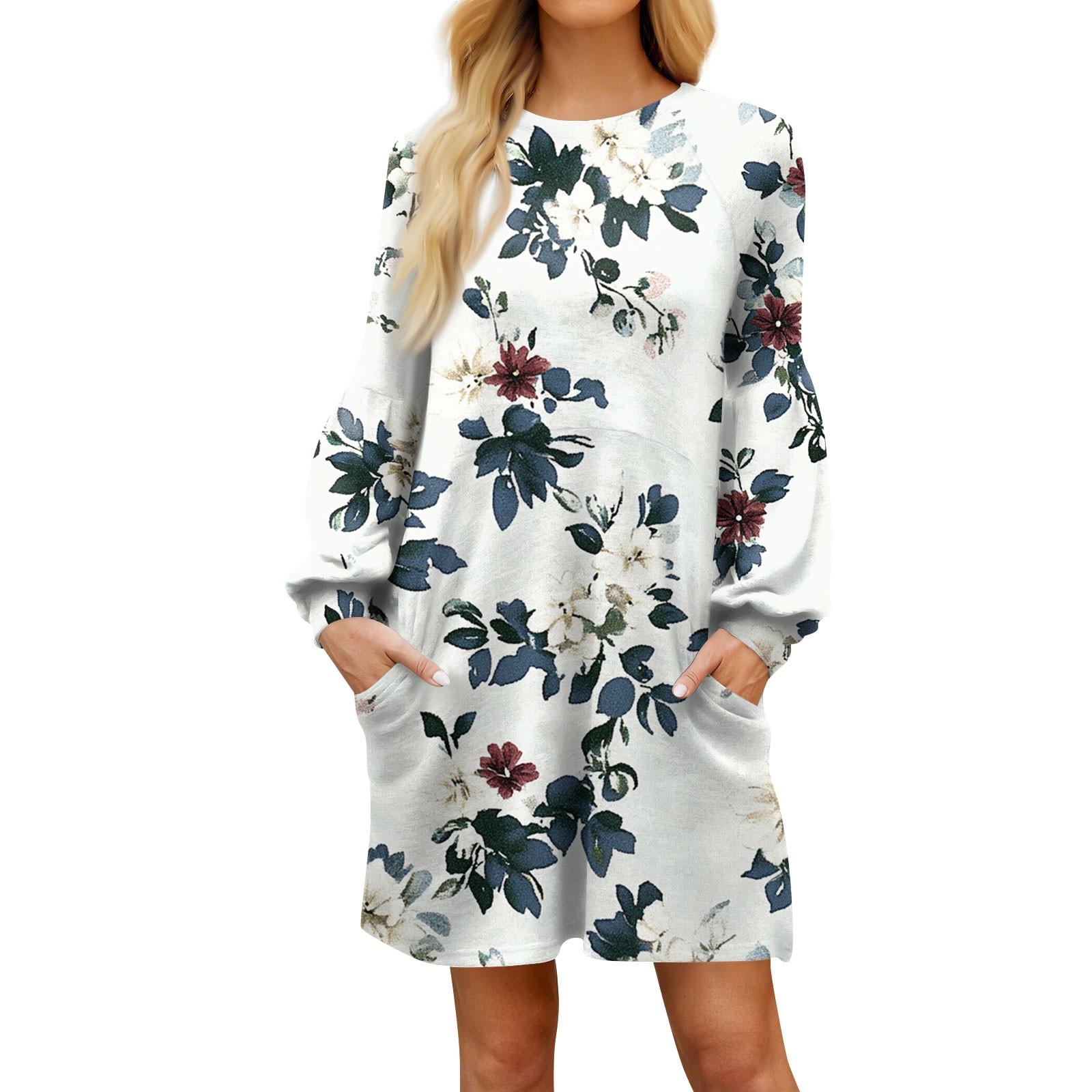 

Модное женское платье трапециевидной формы с длинным рукавом. Осенний повседневный пуловер с круглым вырезом. Свободное платье с карманами. S тёмно-синий