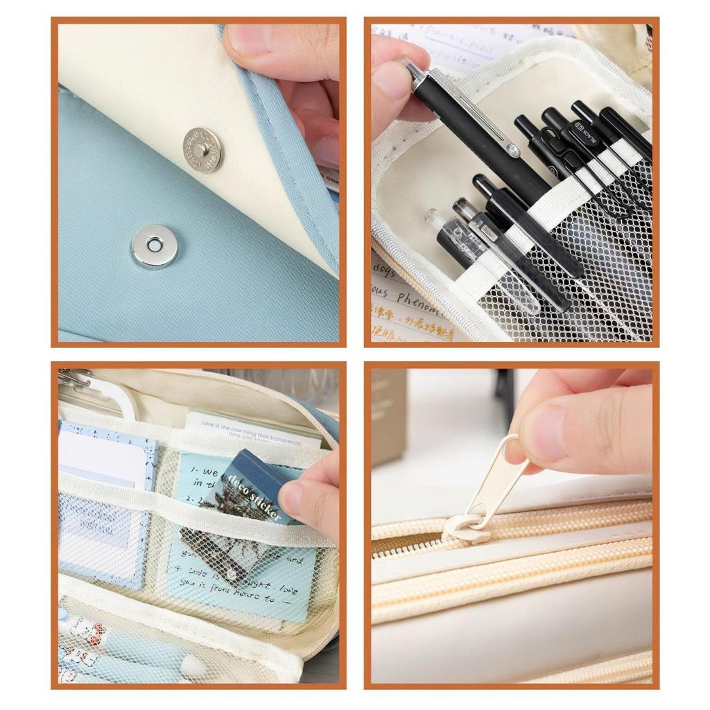 Flip Cover Pencil Bag Pen Case Transparent Front Multi Pocket Oxford Fabric Storage Pouch for Stationery