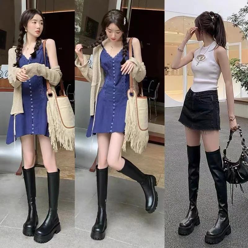 Over-Knee Women's Boots Elastic Slimming Knight Style Thick Bottom Non-Slip Long Polyurethane Material Round Toe Winter Boots