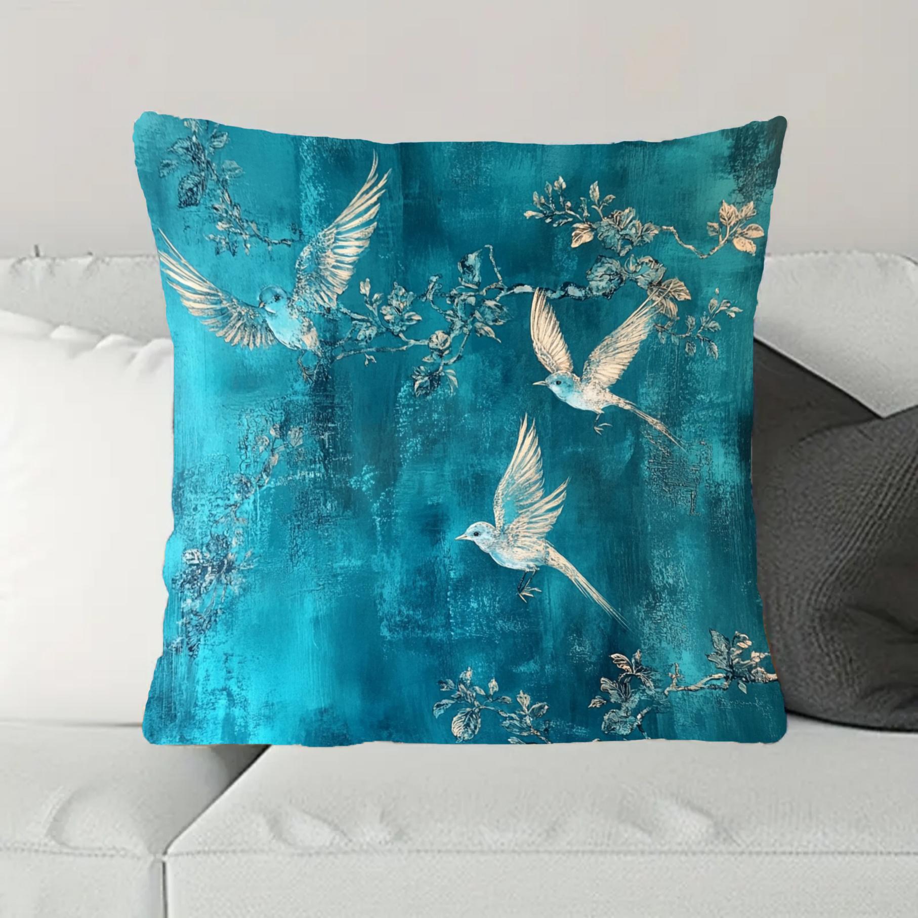 Chinese Style Sky Blue Bird DoubleSided Decorative Pillowcase Abstract Art Pattern Cushion Cover for Sofa Home Decor 40X40CM