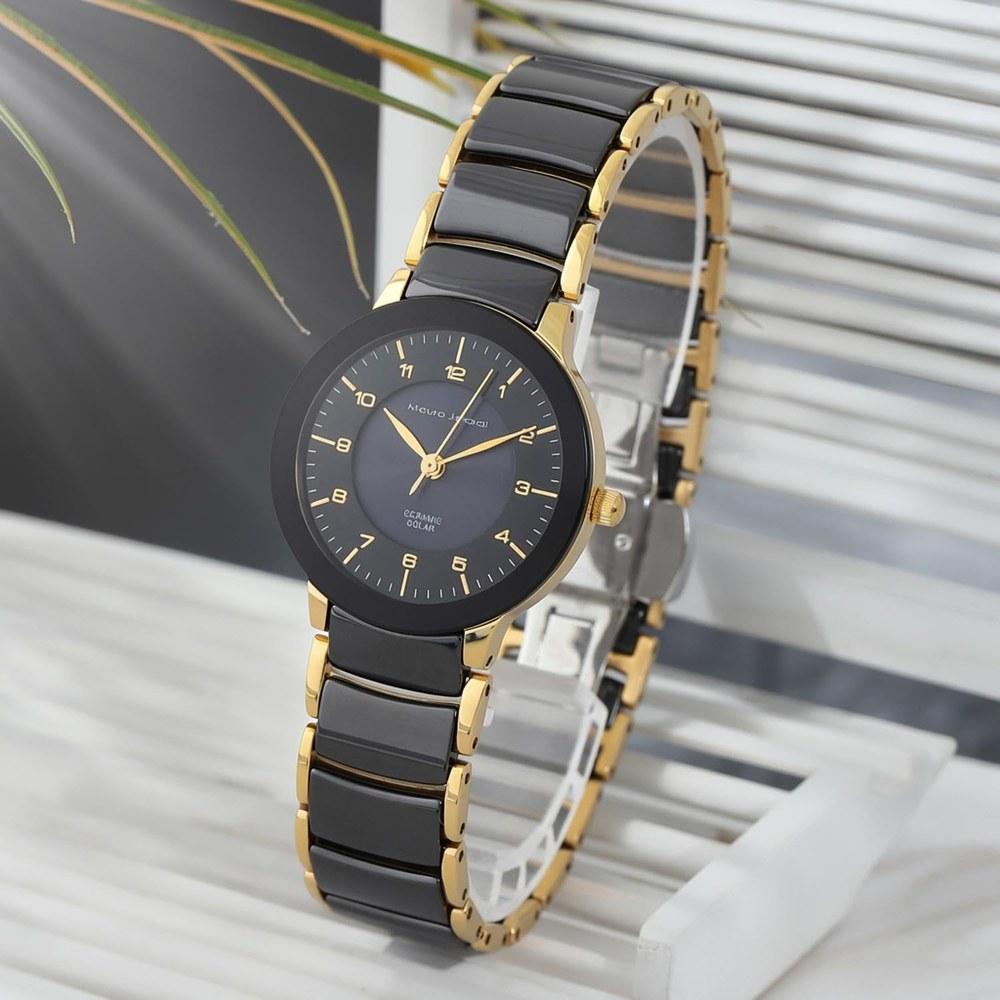 Mauro Jerardi Ladies Solar Ceramic Wristwatch MJ044-1 Water-Resistant 3 ATM Black Black Ceramic Gold