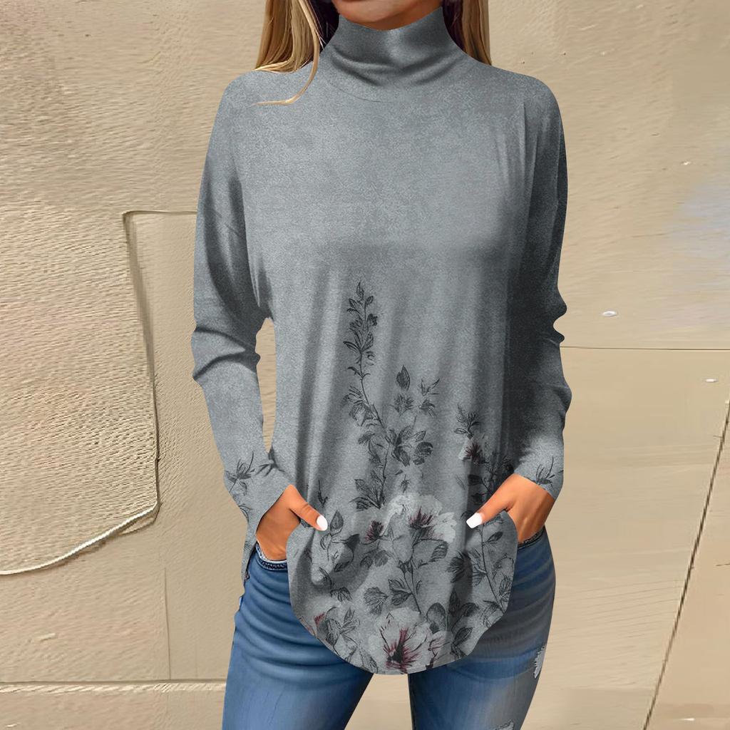 Tricouri pentru femei, toamnă, ocazional, cămăși cu mânecă lungă, hanorac, cu imprimeu vintage, cu gât înalt, pulover