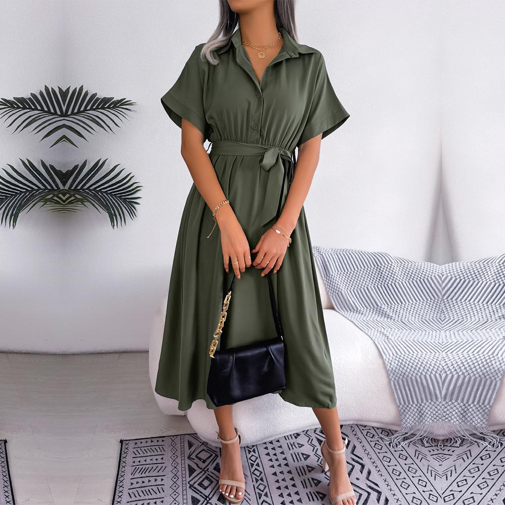 Women New Spring Summer Casual Loose Solid Color Lace Up Shirt Skirt Lapel Neck Button Dress