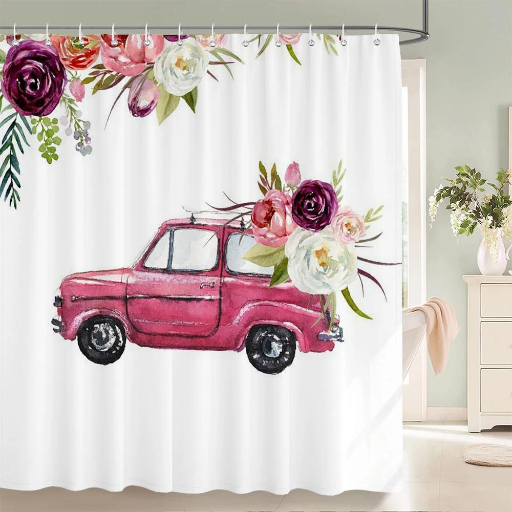 Retro Car Flowers Shower Curtain Bathroom Curtains With Hooks Dog Cow Animal Waterproof Fabric Decor Bath Screen with Hooks