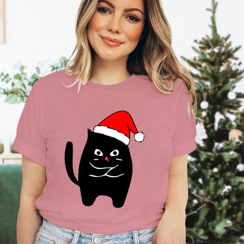 Christmas Black Santa Cat Trend Style Short Sleeve Tshirt Womens Christmas Gift Cute Animals Lovers Cartoon Classic Tshirts