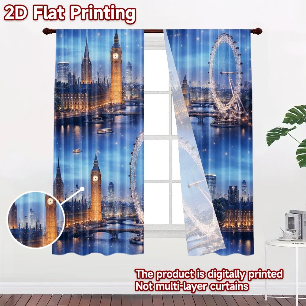 2D Flat Printing 2pcs Curtain Curtain London Night Skyline Digital Printed Polyester Drapes Family Party Decoration for Holiday