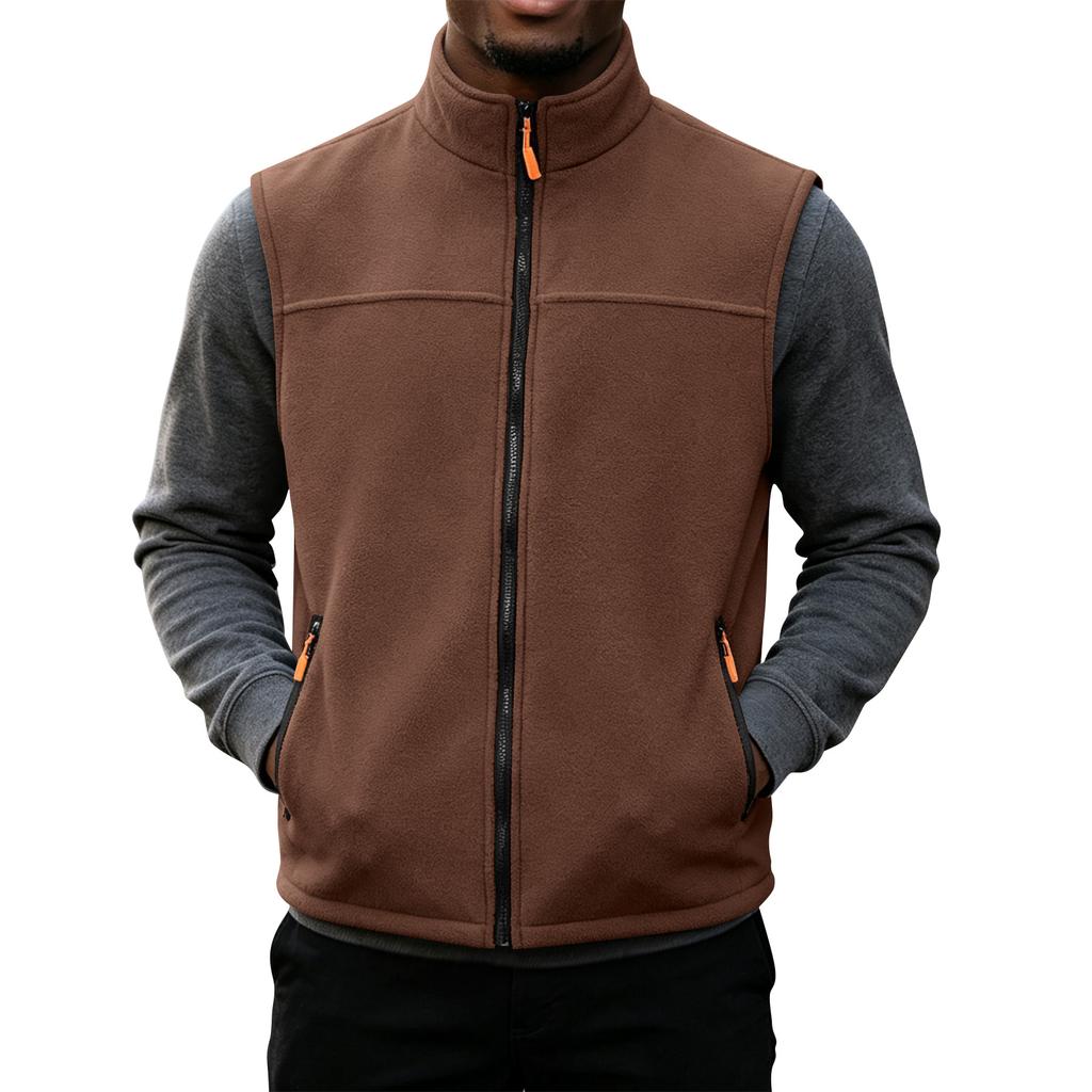 Men's Warm Casual Vest with Stand Collar and Zipper Pockets for Fall and Winter
