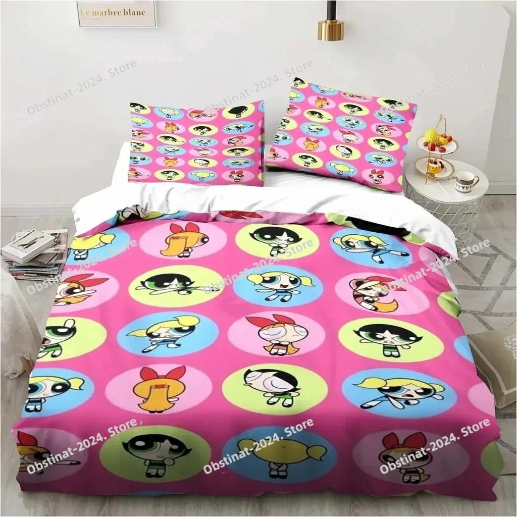 3D Anime Powerpuff Cute Grils Cartoon Bedding Set Printed Duvet Cover Sheet Pillowcase Bed Soft Quilt Cover Full Queen King Size