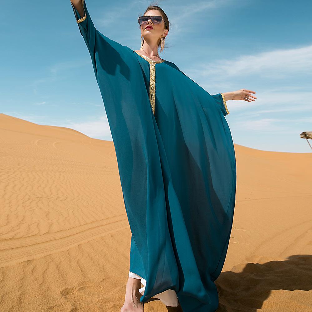 Naher Osten Muslimisches Kleid Seeblaues Band Cape Dubai Loses Fledermaushemd Robenkleid