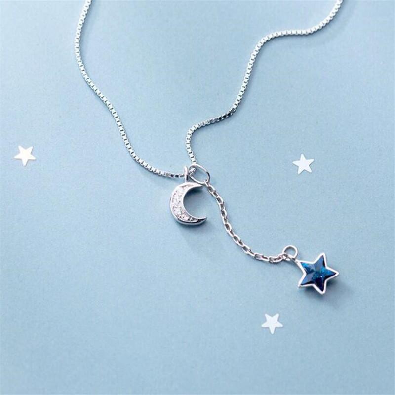 New Arrival Fresh Blue Crystal Star Temperament 925 Sterling Silver Jewelry Full Crystal Curved Moon Exquisite Necklaces XL245