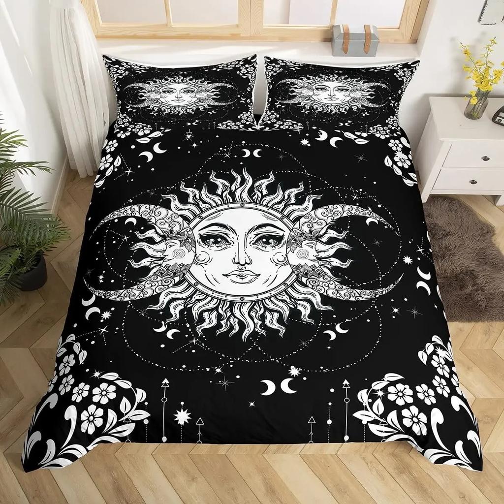 Comforter Mandala Sun And Moon Comforter Ties Exotic Style Black And White Botanical Floral Polyester Bedding Set