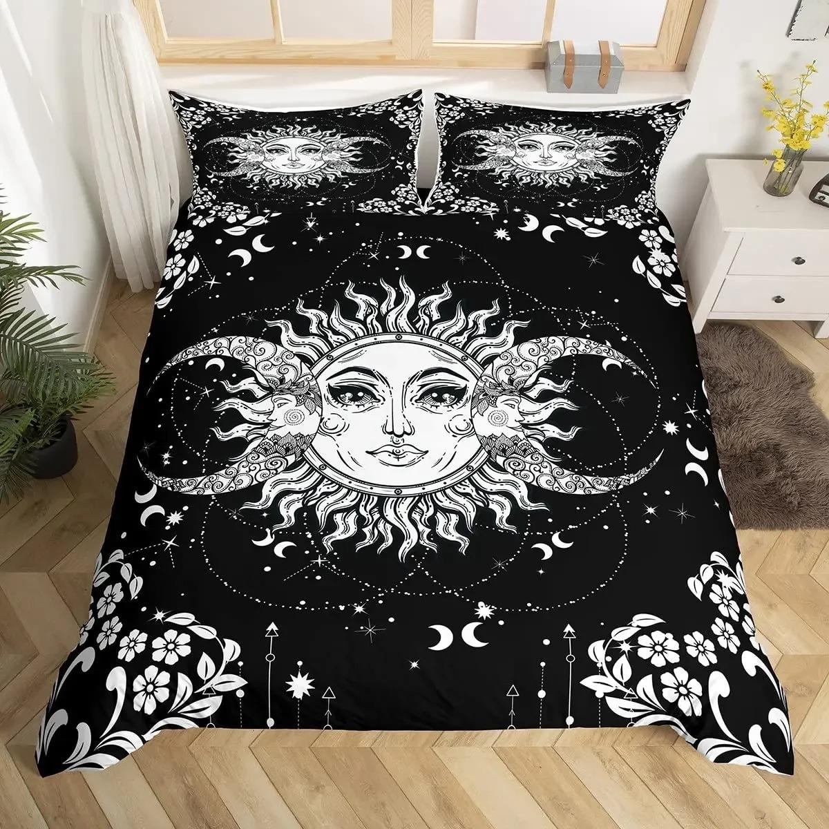 

Mandala Duvet Cover Set Sun And Moon Comforter Cover Ties Exotic Style Black And White Botanical Floral Polyester Bedding Set 70x133cm 2pcs