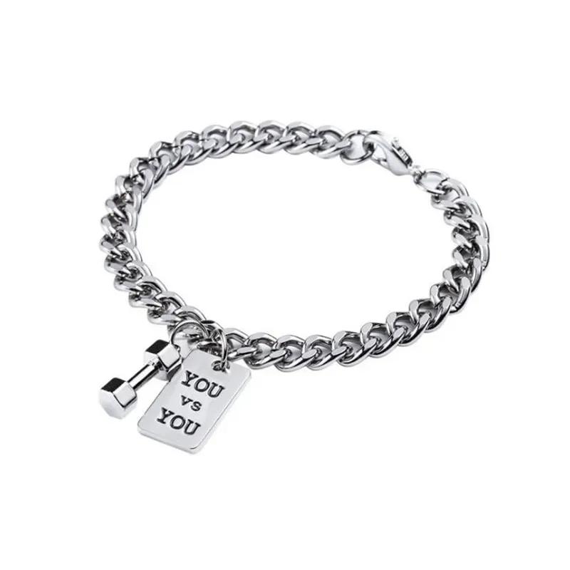 

Men Fitness Gym Dumbbell Charm Bracelets for Women Bodybuilding Barbell Dumbbell Titanium Steel Chain Zircon Bracelet