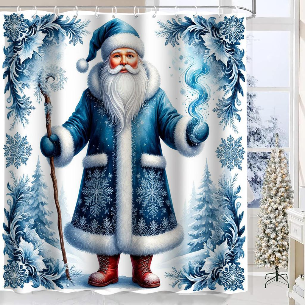 Christmas Santa Claus Pattern Shower Curtain Bath Sets Waterproof Non-Slip Bathroom Rug Toilet U  With 12 Hooks Home Deco