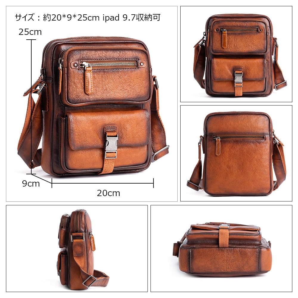 Whatna Antique-Tanned Natural Cowhide Leather One-Shoulder Bag for Men, Crossbody Bag, Shoulder Bag, Handbag, Clutch Bag, Vertical Chest Bag, Genuine