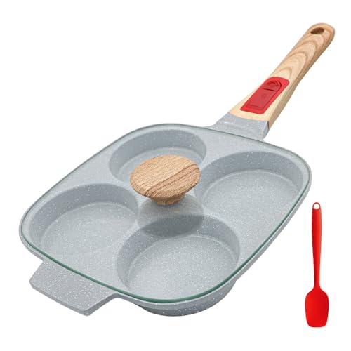 RANXINGST Fried Egg Frying Pan with Lid, Four-Cavity, Gas and Induction Compatible, Non-Stick Ceramic Coating & Removable Handle, Divided Pan, PFOA &