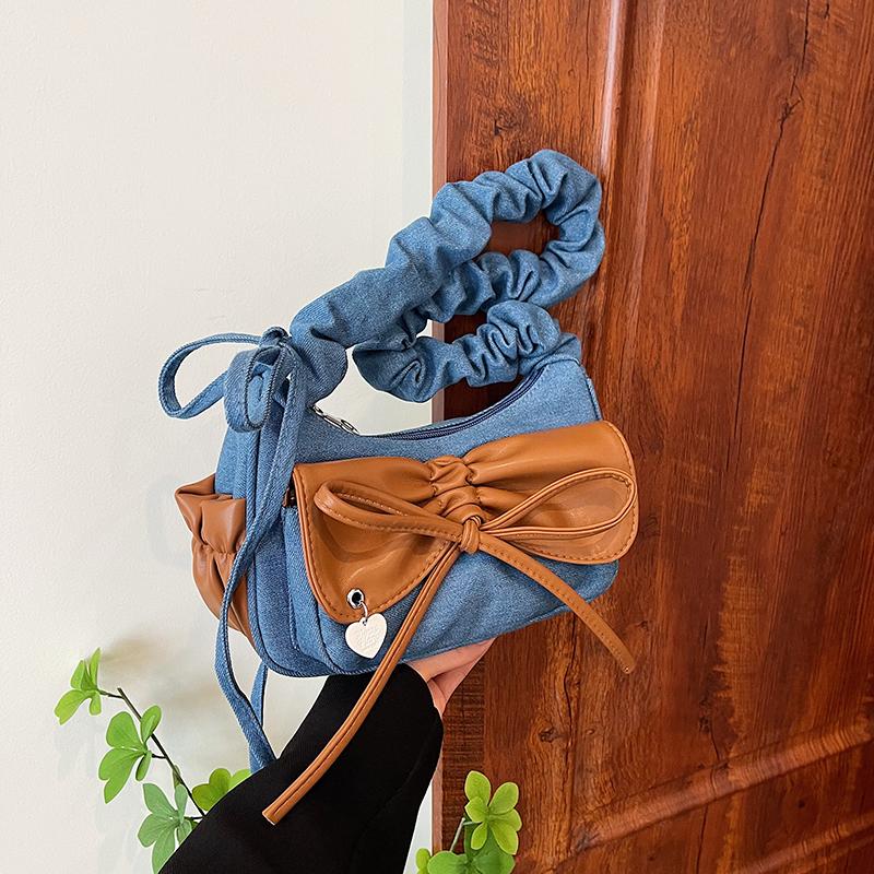 Fashion Pleated Bow Women Bag  Summer Simple All-Match Zipper Shoulder Bags Lady Denim Small Handbag