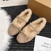 Plush ballet Mary Jane shoes women's one-word buckle plush flat bottom shallow mouth warm elegant retro bow beanie shoes