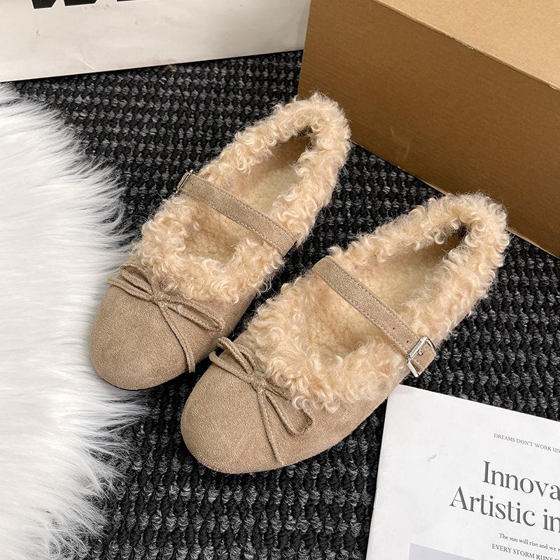 Plush ballet Mary Jane shoes women's one-word buckle plush flat bottom shallow mouth warm elegant retro bow beanie shoes