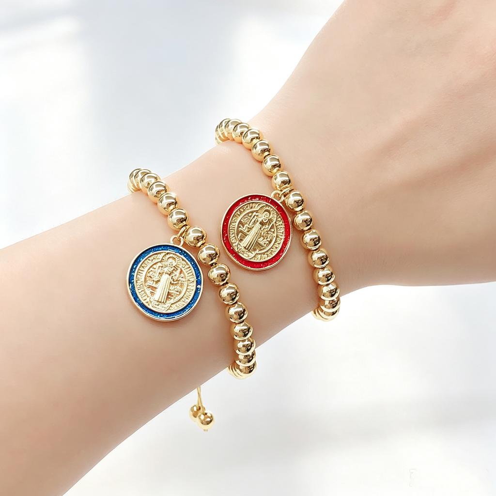 Gold-Plated 6mm Copper Bead Chain St. Benedict Pendant Adjustable Bracelet New Trend for Women's Daily Party Jewelry Accessory