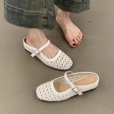 Inner Height Increase Half Slippers Women's Summer 2025 French Hollow Woven One-pedal Mary Jane Shoes