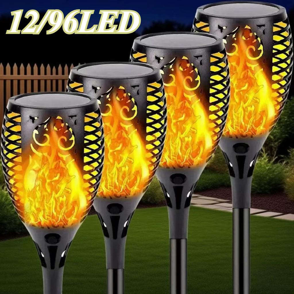 Solarna Lampa Płomień 12/96LED Wodoodporna Zewnętrzna Lampa Solarna Migocząca Krajobrazowa Lampa Trawnikowa Dekoracja Oświetlenie Boże Narodzenie Halloween Atmosfera Dziedzińca
