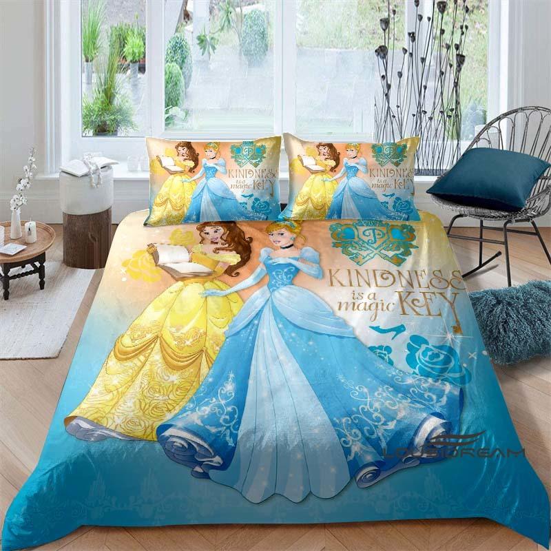 Cartoon-themed Cinderella fairy tale duvet cover and pillowcase bedding set, suitable for boys' and girls' bedrooms, and as a