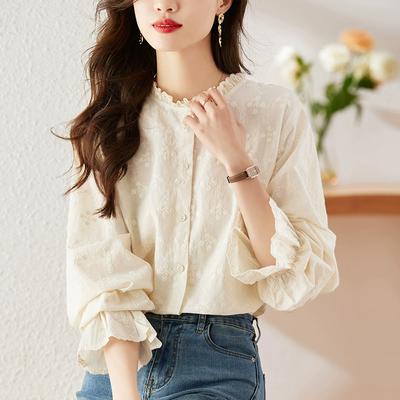 Embroidered Women's Shirt, Long-sleeved Spring and Autumn Dress, Lace Collar Blouse, Shirt