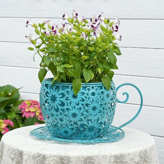 Vintage Teacup Planter Iron Floral Cutout Flowerpot Decorative Plant Pot for Succulents Herbs Flowers Indoor Outdoor Garden Decor