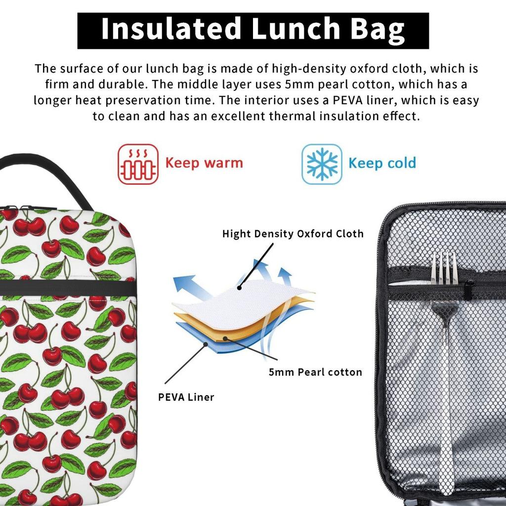 Cheerful Red Cherry Pattern Insulated Lunch Bag for Women Children Leakproof Food Boxes Thermal Lunch Box Tote
