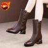 Fashion Brown Leather Middle Heel Half High Boots for Women 2025 New Mid Calf Shoes Woman Sale Cosplay Offer Trend Footwear on Promotion
