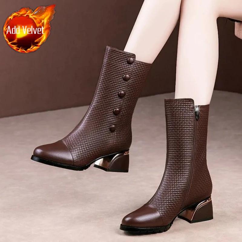 Fashion Brown Leather Middle Heel Half High Boots for Women 2025 New Mid Calf Shoes Woman Sale Cosplay Offer Trend Footwear on Promotion