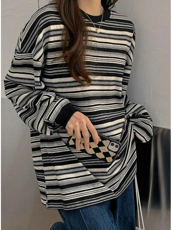 Korean Style Women's Striped Long-Sleeve Loose T-Shirt - Spring/Autumn Round Neck