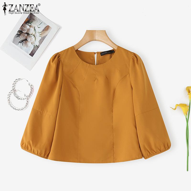 ZANZEA Women Casual Round Neck Solid Color 3/4 Sleeve Blouse